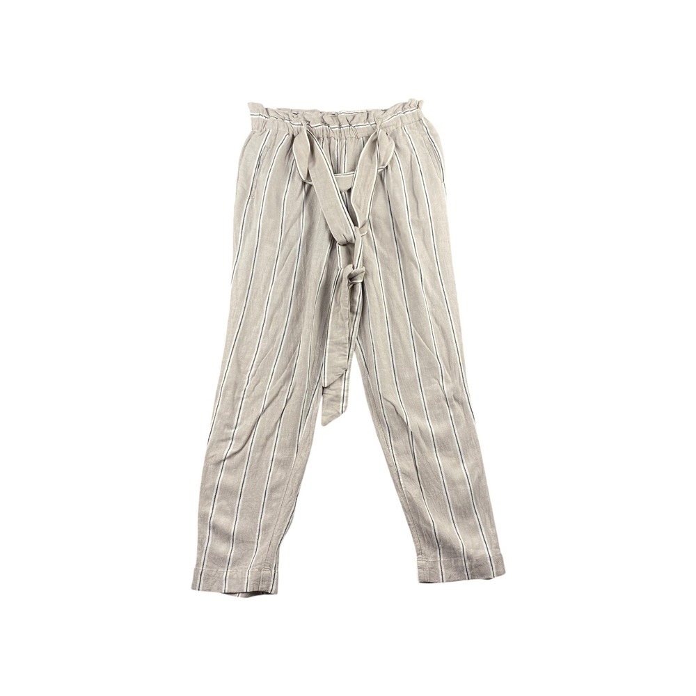H M Paperbag Waist Striped Linen Blend Pants Womens Size 8 Beige White Black